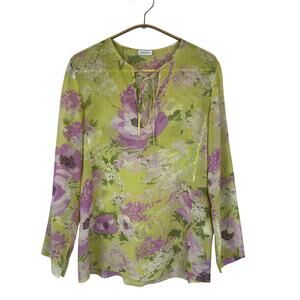 Akris Women's Silk Top Blouse Size 6 Sheer Forest Fairy Floral Long Sleeve